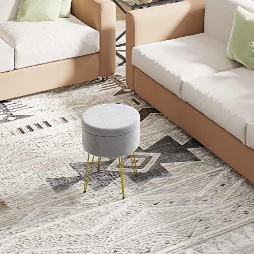 YITAHOME Footstool Ottoman, Dressing Table Stool, Round Velvet Storage Footrest with 4 Metal Legs & Removable Cover, Foot Stool For Vanity Bedroom, Living Room, Office, Grey Ottomans