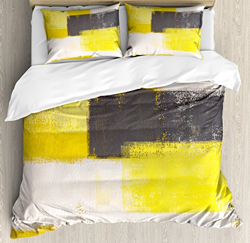 Promo 40% OFF Ambesonne Grey and Yellow Duvet Cover Set, Abstract Grunge Style Brushstrokes Painting Style, Decorative 3 Piece Bedding Set with 2 Pillow Shams, King Size, White Charcoal