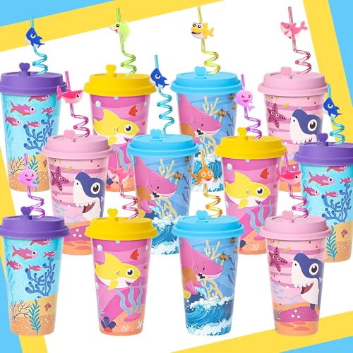 Lidmada 24 Set Shark Birthday Favors Cups with Silly Straws Bulk 16 OZ Shark Reusable Plastic Cups for Kids Baby Party Decorations Supplies Goodie Bag Stuffers