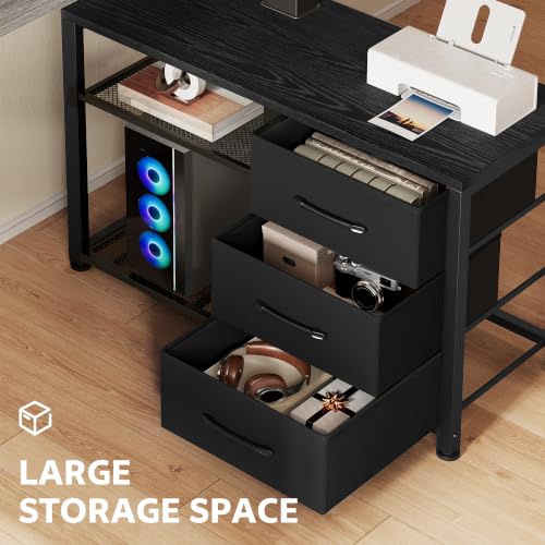 Image of 47 Inch L Shaped Desk with 3 Drawers Electric Standing Desks Black | with Storage Computer Table Adjustable Height with Power Outlets 4 Memory Presets for Home Office, Black
