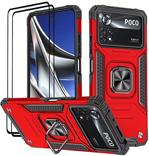 Cover per Xiaomi POCO X4 Pro 5G Vetro Temperato 2 Pack Custodie 360° Rotante Anello Magnetica Ring Supporto Bumper - silicone rosso tpu