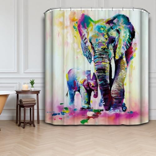 JMAHM Duschvorhang mit Tiermotiv, wasserdicht, schimmelresistent, Polyestergewebe, Duschvorhang-Set, Badzubehör (71 x 71 cm, bunt, Elefant)