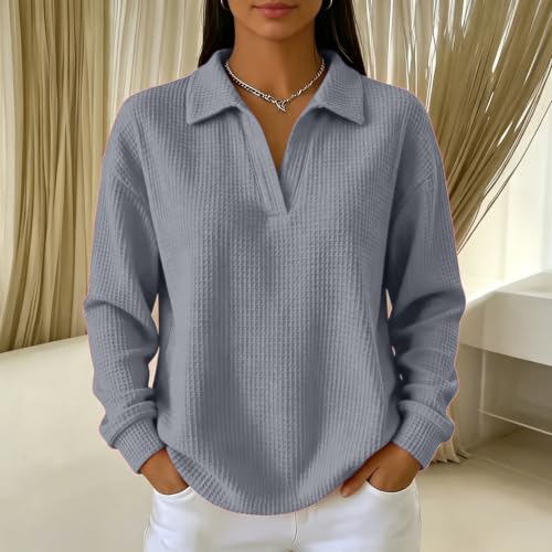 Waffle Shirts for Women V Neck Lightweight Long Sleeve Casual Pullover Tops - image 4