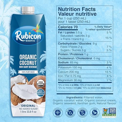 Rubicon Organic Coconut Non-Dairy Milk Beverage | 1L Cartons | 100% Plant Based | Good Source of Calcium | Lactose Free, Non-GMO, No Added Sugar | Organic | Vegan & Vegetarian (Pack of 8)