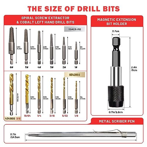 UYECOVE 14PCS Spiral Screw Extractor Set with Tungsten Carbide Tip Scriber Pen - 6542/4341 HSS Steel Cobalt Left Hand Drill Bits Set - 1/4\'\' Adapter - Removing Stripped Screws Bolts