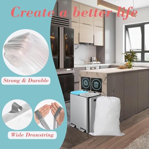 Image of Dual Trash Can Bags for Dual Compartment Trash Can (2 x 8 Gallon /2 x 30 L) Pefect Fit Drawstring Kitchen Garbage Bags for Dual Trash Can White 50 Blue 50 (100 Count TOTAL)