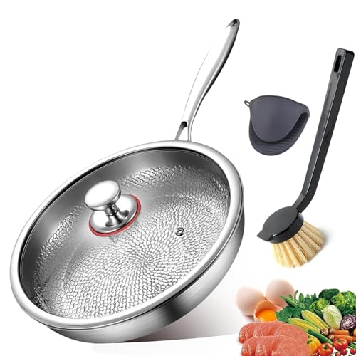 Sartén de titanio martillado Pro con tapa, sartén de titanio antiadherente sin revestimiento para cocinar, segura para horno, inducción y todas las cocinas de hasta 537.8 °C, apta para lavavajillas