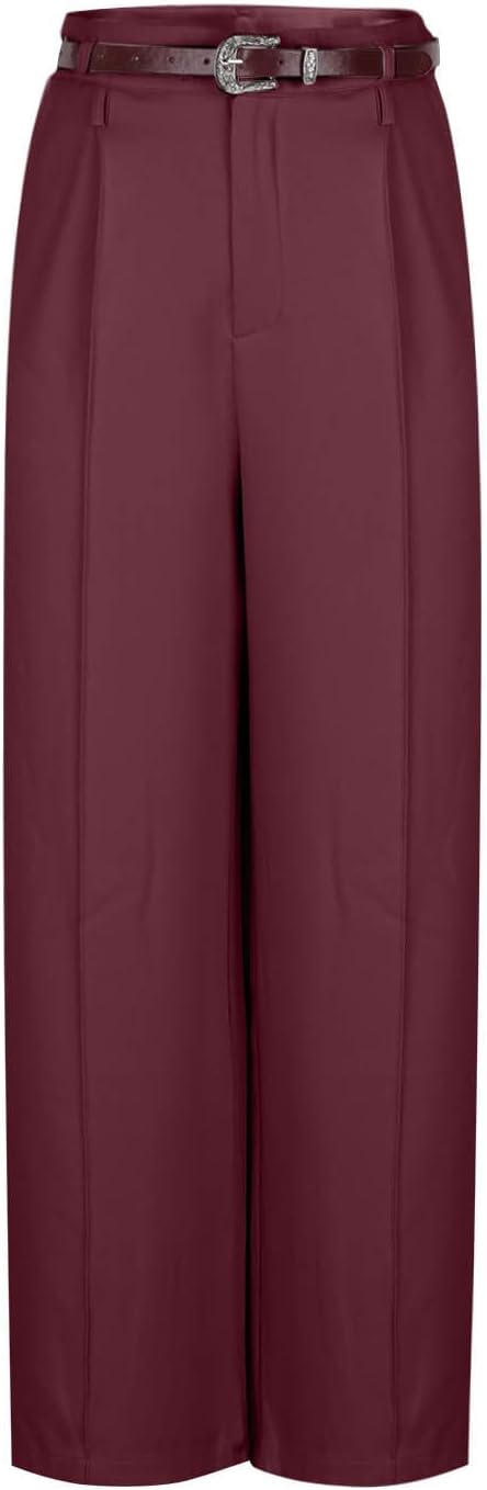 Women's Wide Leg Dressy Pants High Waisted Stretchy Business Casual Trousers with Belt Work Solid Pant with Pockets