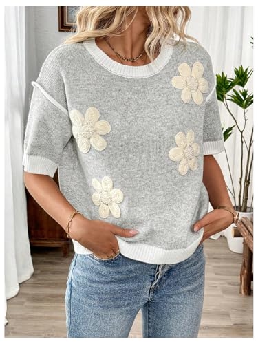 Floerns Women's Short Sleeve Crew Neck Flower Loose Knitted Sweaters Pullover Tops4
