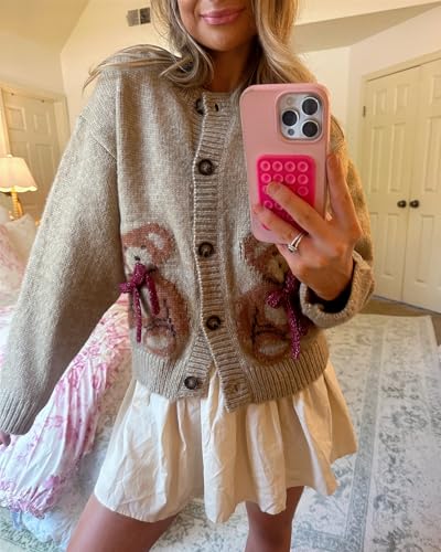 Women Button Down Cardigan Sweaters Cute Bow Bear Knitted Pattern Casual Fall Winter Cardigan Coats2