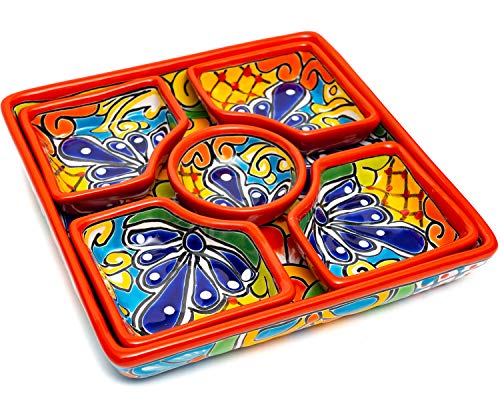 Enchanted Talavera Mexican Pottery Ceramic Large Appetizer Tray Serving Dishes Platter Dish Food Plate Condiments Organizer (Square 6 Piece Set, Red) #TOP25