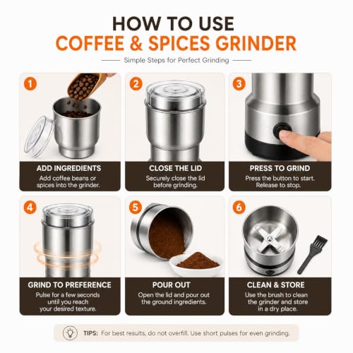 Image of Powerful Electric Spice and Coffee Grinder - High-Speed Stainless Steel Blade Nut & Grain Mill - One-Touch Portable Grinding Machine for Dry Masalas, Coffee Beans, Herbs, and Seeds