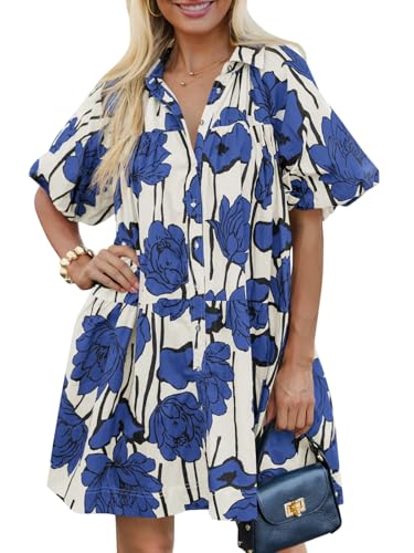 Wenrine Women's Summer Button Down Shirt Dress Floral Puff Short Sleeve Casual Loose Fit Beach Mini Dresses