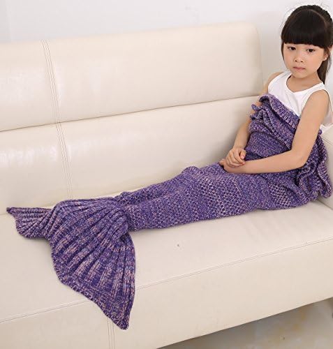 FADFAY Soft Mermaid Blankets for All Year Crochet Mermaid Blanket for Kids Children 27.5''*55''Ruffle Purple