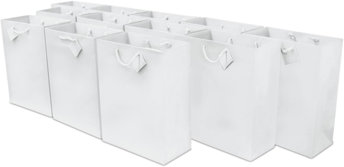 Hot Deals Wedding Gift Bags - 12 Pack Medium White Designer Paper Shopping Bags with Handles, Gift Wrap Euro Totes for Birthdays, Party Favors, Baby Showers, Bachelorette Parties, Holidays Bulk - 7.5x3.5x9