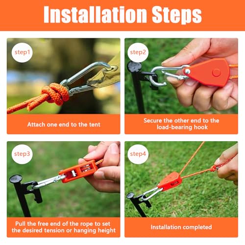 Holtrae 6 Stück Abspannseile Camping,4m Leuchtend Orangefarbenes Zugseil mit Haken,Abspannseile mit Seilspanner,Einstellbare Seilratsche,Spannseile für Campingzelte und Vorzelte