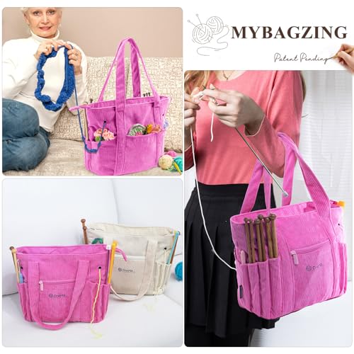 Image of MYBAGZING Crochet Bag and Tote - Corduroy Yarn Bag - Yarn Holder for Crocheting - Crochet Storage Bag for Crochet Hooks, Crochet Accessories, Knitting Bag for Crochet Lovers, Mom Gift