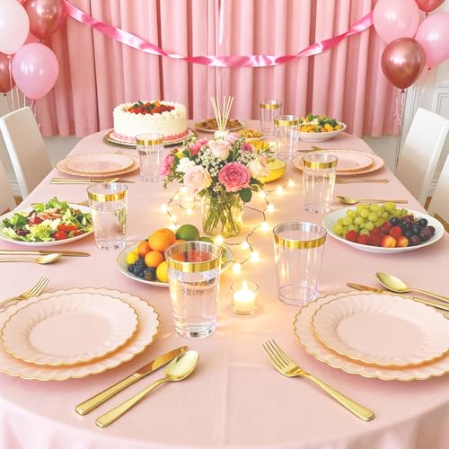 175pcs Pink Plastic Plates for Party, Scalloped Pink Disposable Plates with Gold Rim Elegant 25 Dinner, 25 Dessert Plate, 25Cups, 25 Napkins, 75 Gold Silverware for Baby Shower/Birthday/Weddings — view 5