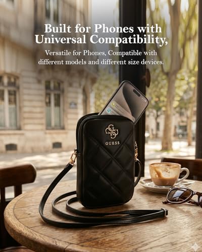 Image of CG MOBILE Guess Universal Wallet Bag Official Licensed PU Leather, Quilted with Zipper and 4G Metal Logo, Crossbody Bag, Protective Smartphone Wallet Bag & Travel Sling Pouch for Unisex - Black