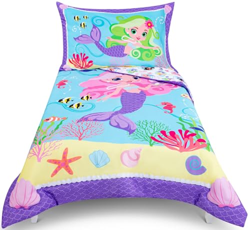 Image of Todays Kids Mermaids Toddler Bedding Set for Girls - 4-Piece Toddler Bed Sheets and Comforter Set, Reversible Comforter & Pillowcase, Flat Sheet, Fitted Sheet, Breathable & Super Soft Microfiber