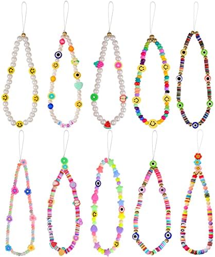 Honsny 10PCS Beaded Phone Charms Smile Face Cell Phone Lanyard Wrist Strap Fruit Star Pearl Rainbow Beaded Phone Chain for Women