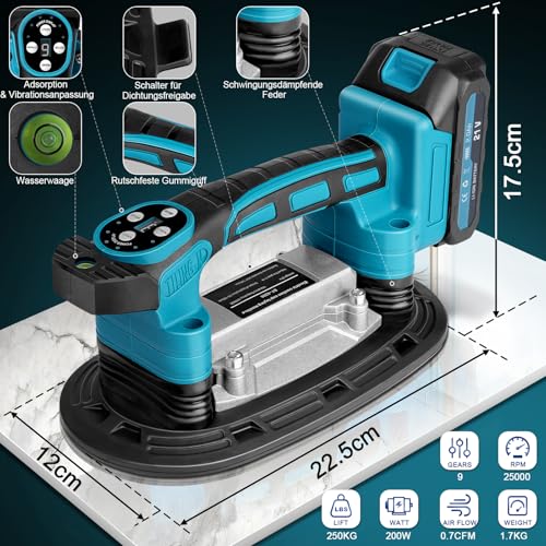 2 IN 1 Akku Fliesenrüttler & Saugnäpfen Kompatibel mit Makita 18V Akku, Fliesenvibrator mit 22.5x12 Saugnapf | 250KG Adsorption | 9 Gang Einstellbaren für 0.3-1.8m Fliesen Wandfliesen (Ohne Batterie)