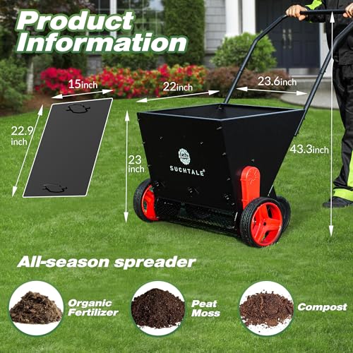 Suchtale Upgrade Push Lawn Spreader for Compost & Peat Moss, Organic Fertilizer Applicator with Rotating Blades, Adjustable Rate Metal Mesh Basket Topdresser - Image 3