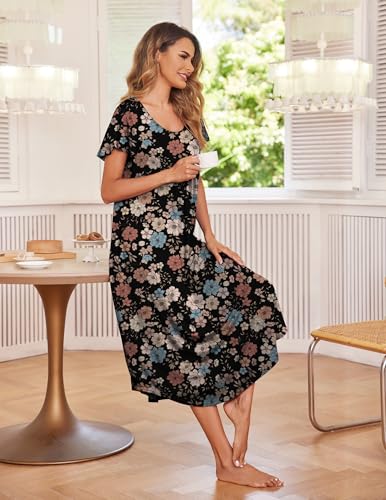 Image of Ekouaer Long Nightgowns for Women with Pockets Short Sleeves Moo Moos for Women Casual Maxi Dress House Dresses S-XXXL