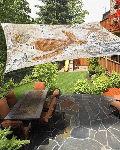 Orange Turtle Sun Sail Shades Rectangle Canopy,Sunlight Block Heavy Duty Curved Backyard Shade Cover,Waterproof Sun Shades for Patios Garden Outdoor,12'x16' Coastal Starfish Conch Nautical Sailboat
