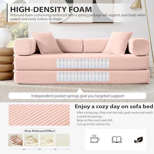 Image of HANXIN Convertible Sleeper Sofa Bed, 78 Inch Folding Floor Mattress Couch with Fixed-Shape Frame, Futon Boneless Couch Lounge Loveseat with Pull Out Bed, No Assembly Required, Pink