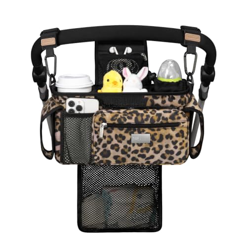 Image of TOPDesign Universal Baby Stroller Organizer, Stroller Caddy with Detachable Mesh Bag & Heightened Insulated Cup Holders & Non-Slip Secure Hooks Accessories, Fits Most Strollers (Leopard)
