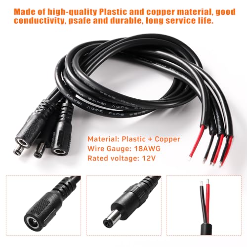 KUOQIY 4 Piezas 50cm 18 AWG Cables de Coletas de Alimentación de CC, 5.5mm x 2.1mm Macho y Hembra Enchufe a Cable Desnudo Cable de alimentación Extremo Abierto Cables Reparación - imagen 3