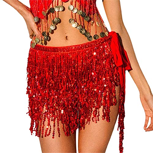 Mini saias femininas de lantejoulas com borla de ventre dança do ventre clube lenço quadril cinto en
