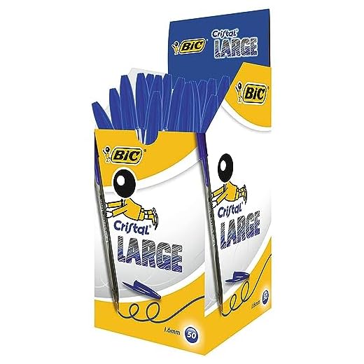 BIC Cristal Large Boligrafos de Punta Media, Para la Escuela, la Oficina o el Hogar, Azul, Paquete de 50 (1,6 mm)