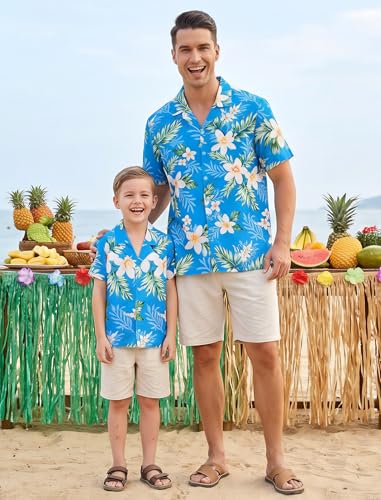 Image of AWIBMK Hawaiian Family Matching Outfits Mother Daughter Tropical Dresses Father Son Shirts for Beach Vacation Luau Party