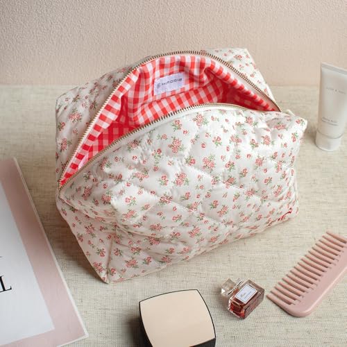 Handmade Makeup Bag, Large Capacity Skincare Organizer Pouch Set, Stylish Travel Cosmetic Bag,Small Beauty Tool Purse for Women Girls,2 Pcs,Rose Floral3