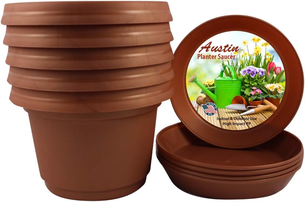 Pots with Saucers, 7 inch Copper Color, Case of 5, Polypropylene Flower Pot and Saucers, Household Planter & Saucer, Seed Starting Pot with Saucers