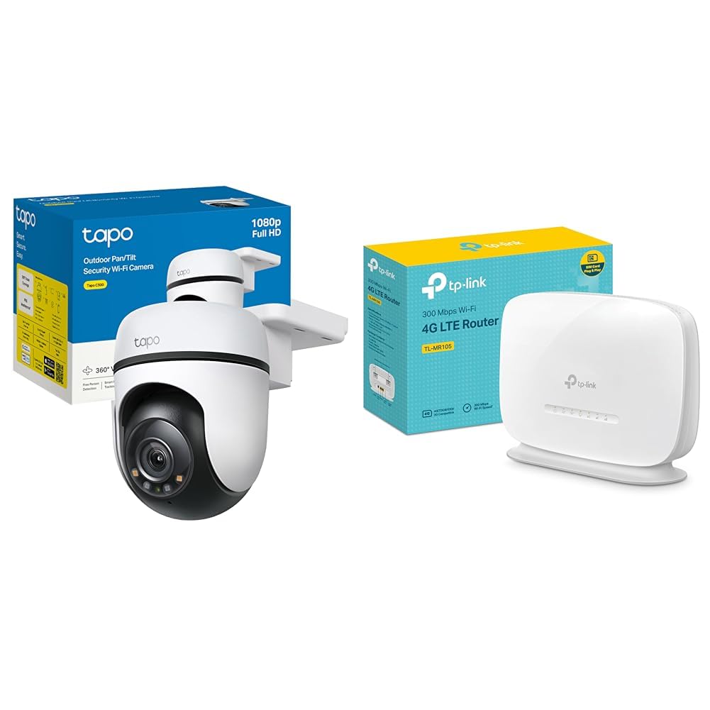 Tapo Bundle of TP-Link C500 - Cámara Vigilancia Wi-FI Exterior 360º, Resolución 1080p + [2024 Nuevo] TP-Link TL-MR105| Router 4G LTE (Cat 4), Router 3G/4G Velocidad de Red hasta 300Mpbs