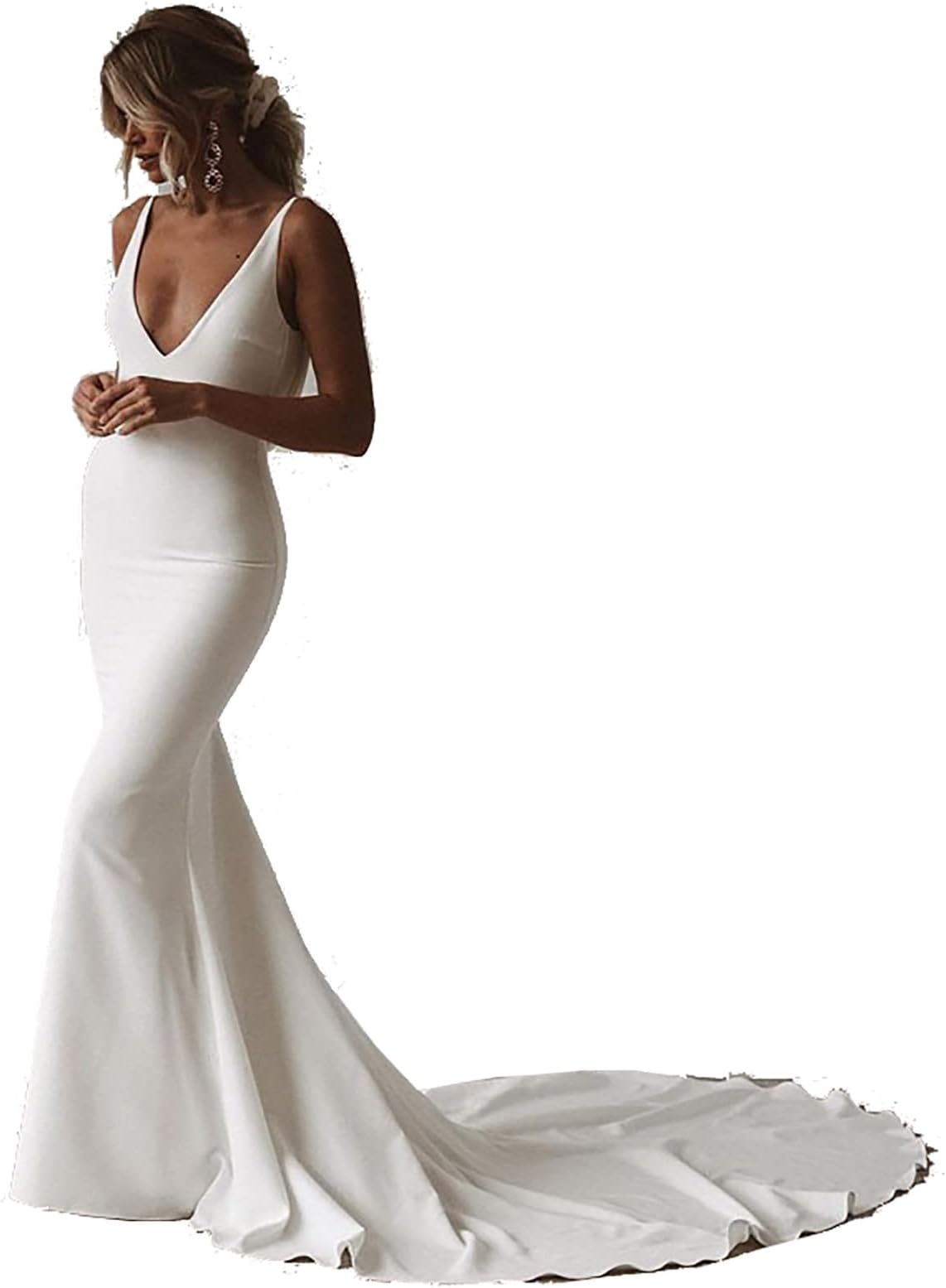 Mermaid Wedding Dress V-Neck Open Back Boho Wedding Gown White Plain Long Train Buttons Beach Evening Gown Bridal Dress