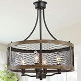 LALUZ Farmhouse Chandelier, Dining Room Light Fixture, Drum Chandeliers, 16” Width, Oil Black &...