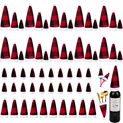 Aodaer 60 Pieces Mini Christmas Doll Crafts Hats 3 Sizes Mini Buffalo Plaid Santa Hats Christmas Lollipop Bottle Candy Hats For Diy Craft Art Christmas Ornaments #TOP22