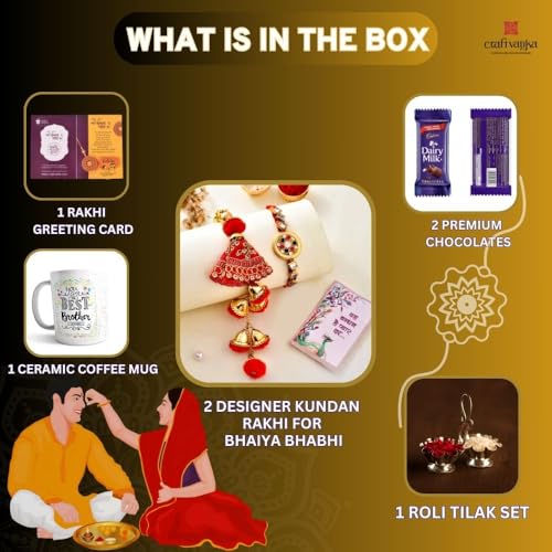 Image of Rakhi Gift for Brother with Chocolates Mug Gift Combo - Premium Lumba Kundan Rakhi with Chocolates and Roli Chawal Tika - Rakhi for Brother Bhai Bhaiya Boy Men Women