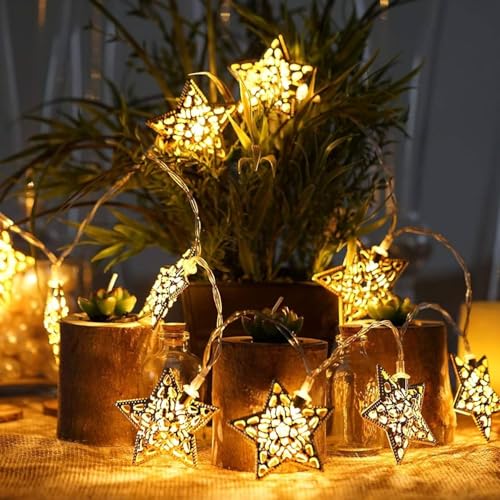 Image of Xenith 14 LED Decorative Star Shape Golden Metal String Lights Fairy Lights Decorative Lights for Diwali Christmas Home Marriage New-Year Festivals Decoration Lighting (Warm White, 3.5 Meter)