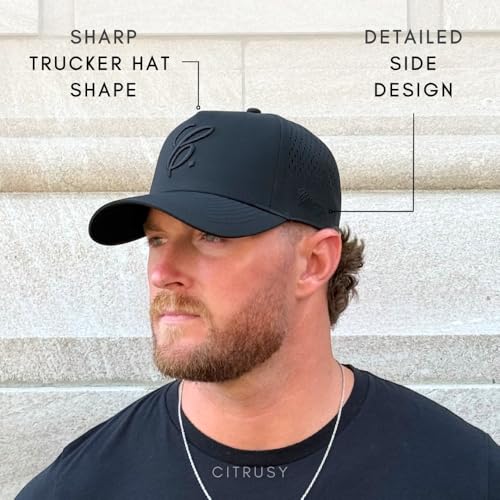 Image of CITRUSY Athletic Trucker Golf Hat | Performance Mens 5 Panel Cap | Cool Breathable Waterproof Workout Running Snapback