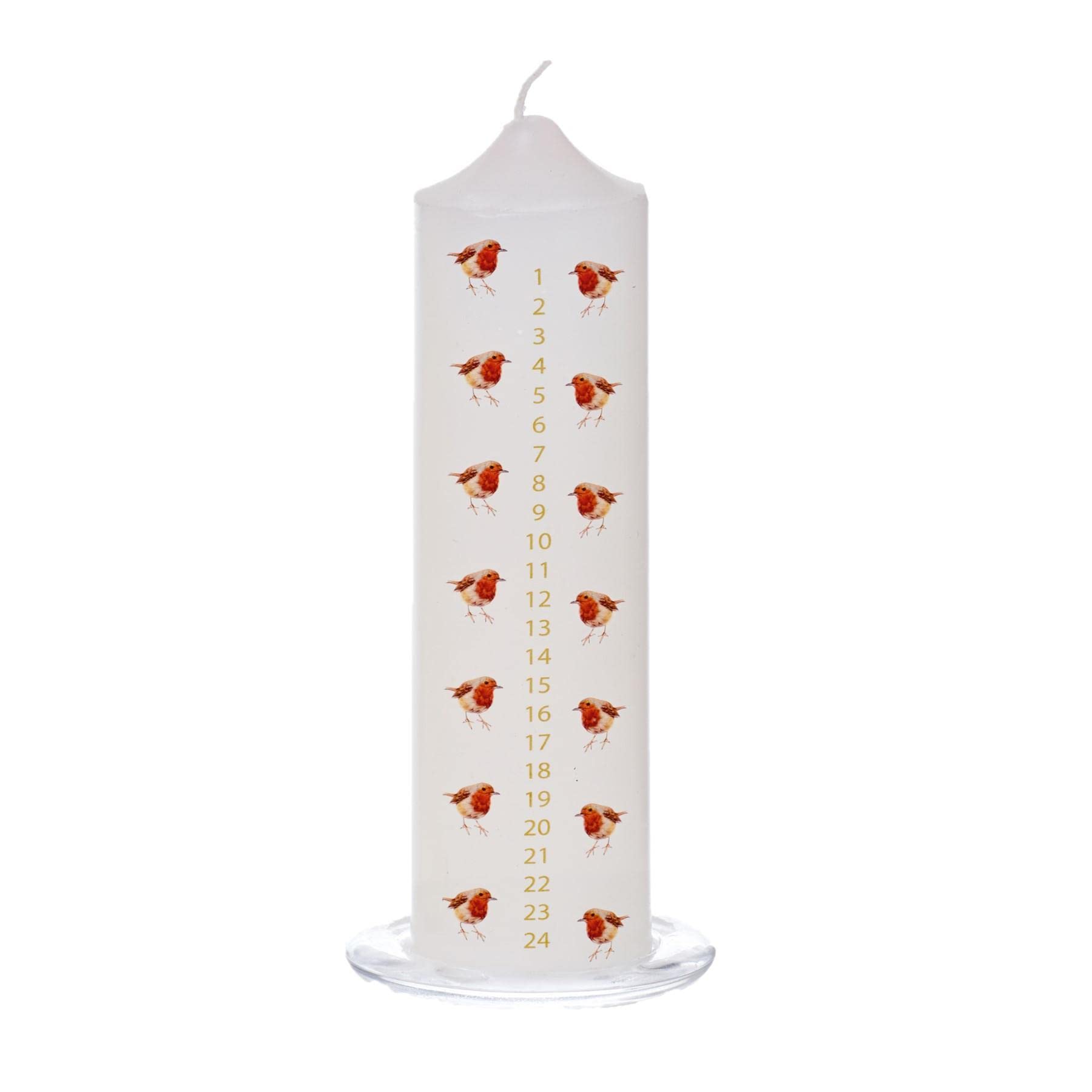 20cm Christmas Advent Candle with Robin Image on Glass Tray - White 3740