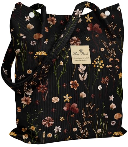 Miss Adola Corduroy Tote Bag for Women - Reusable Totes with Magnetic Buckle & Pocket Stylish Aesthetic Design Work Bags for Shopping Travel Grocery Bags Black Grow Flower