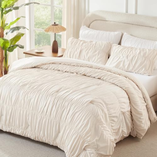Image of Andency Ruched Beige California King Comforter Set, Boho Ruffle 3 Pieces