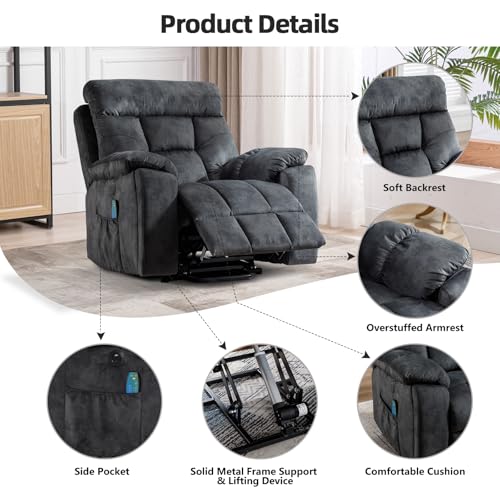 Image of CANMOV Large Power Lift Recliner Chair with Massage and Heat for Elderly Big and Tall People, Overstuffed Wide Recliners with 2 Cup Holders, Side Pocket and USB Port, Grey