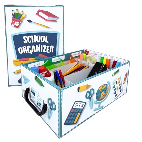 Lavatelli School Organizer, Caja de cartón para material escolar y creativo infantil, 4 separadores ajustables + soporte para lápices, hojas A4, bolígrafos y rotuladores, Vuelta al cole 32x22,5x15 cm