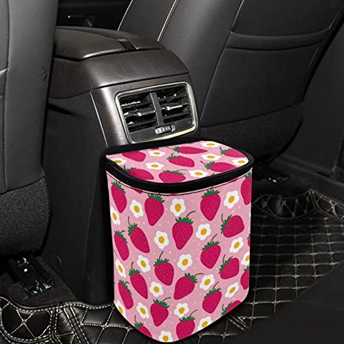 Image of Talayituse Strawberry Flower Print Car Trash Bin, Laege Size Auto Trash Can Adjustable Portable Garbage Can with Lid, Vehicle Hanging Bag for Headrest Front Back Seat, Pink